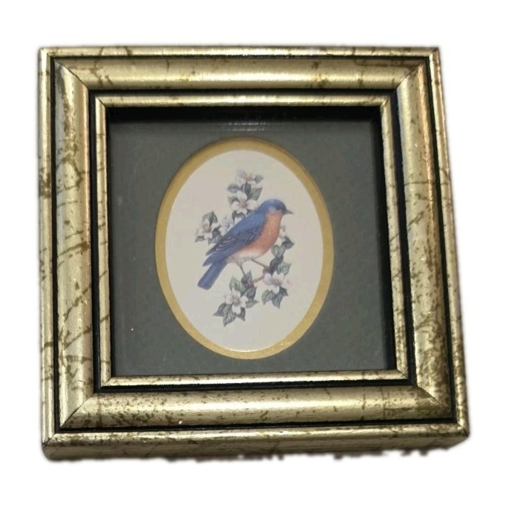 Vtg 1994 Kathy Seek Gold Framed Mini Art Bluebird Cottagecore Grandmillennial‎